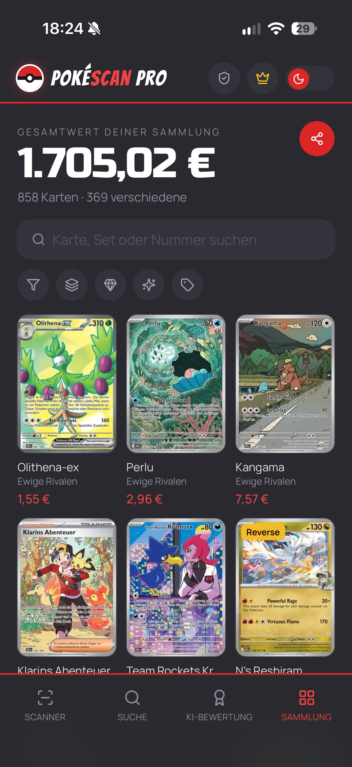 Sammlungsübersicht in PokéScan Pro mit Gesamtwert und Kartenraster