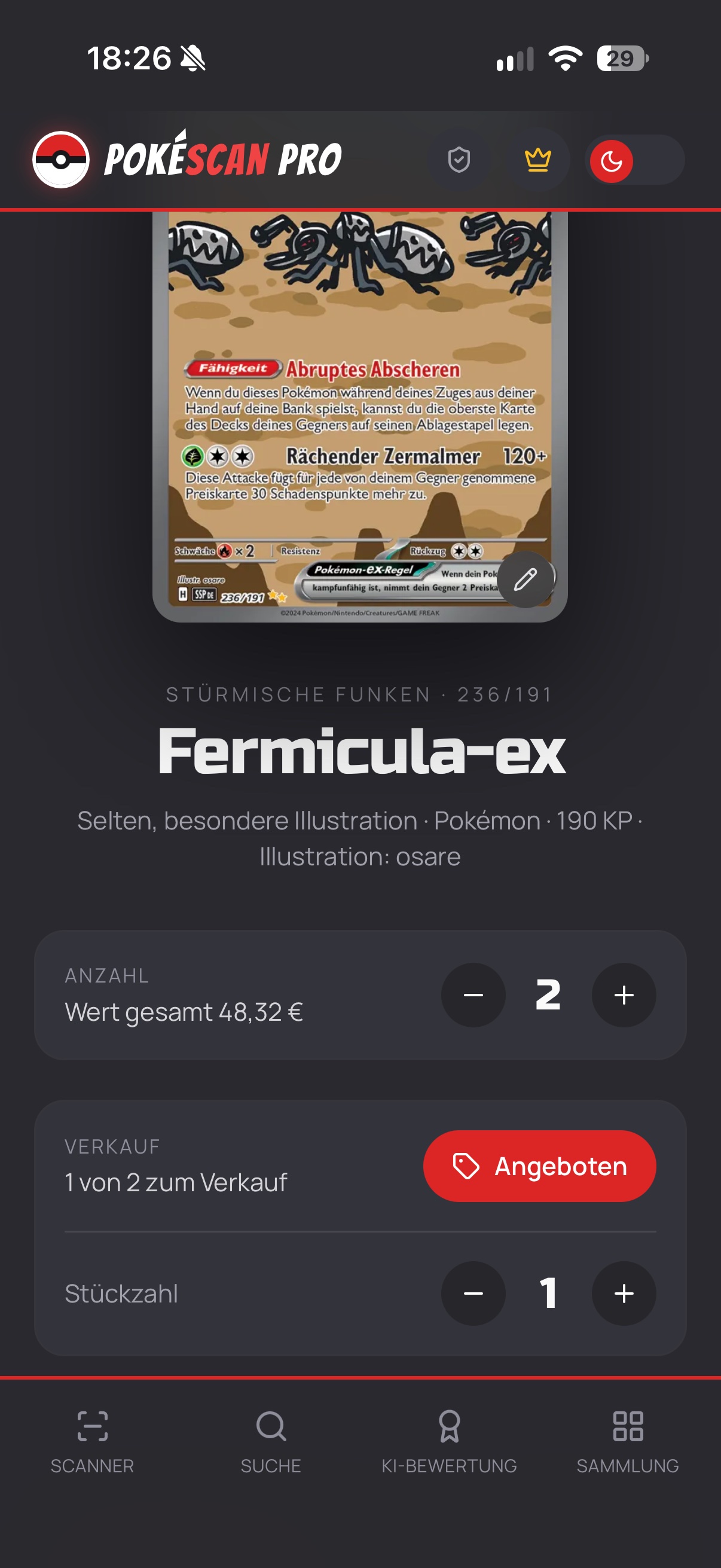 Karte in PokéScan Pro als „Angeboten“ markiert, zum Verkauf freigegeben